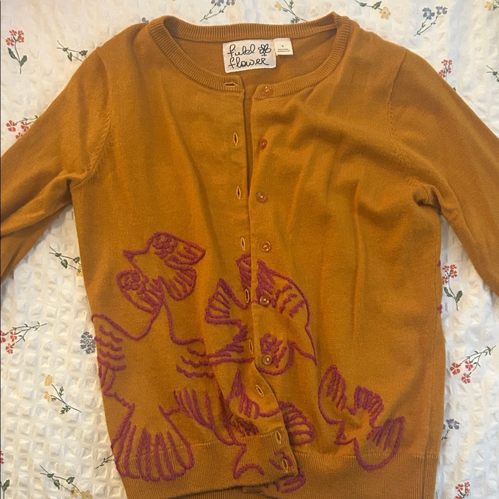 Field Flower Women's Tan Cardigan with Purple Bird Design